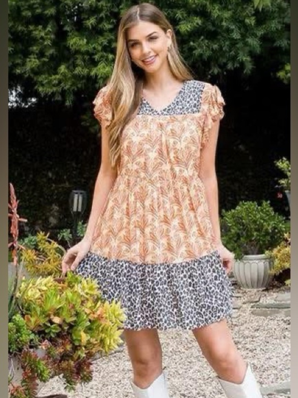 NWOT THML Tiered Babydoll Tunic Mini Dress in Leopard Floral Print Women’s Small